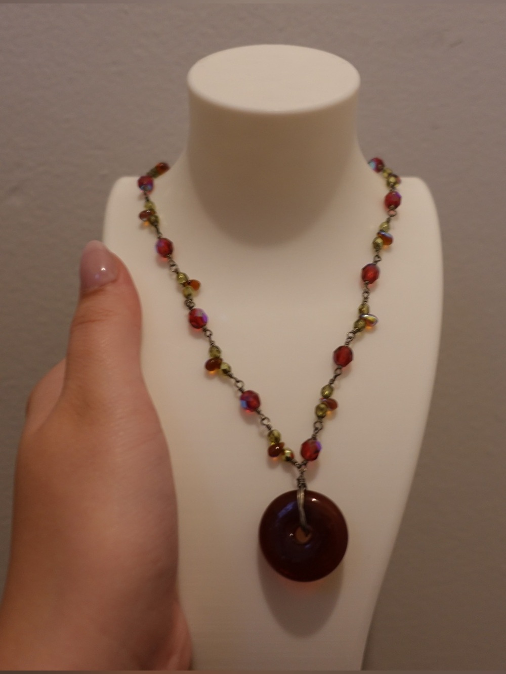 Multicolor Beaded Necklace with Glass Burgundy Pendant